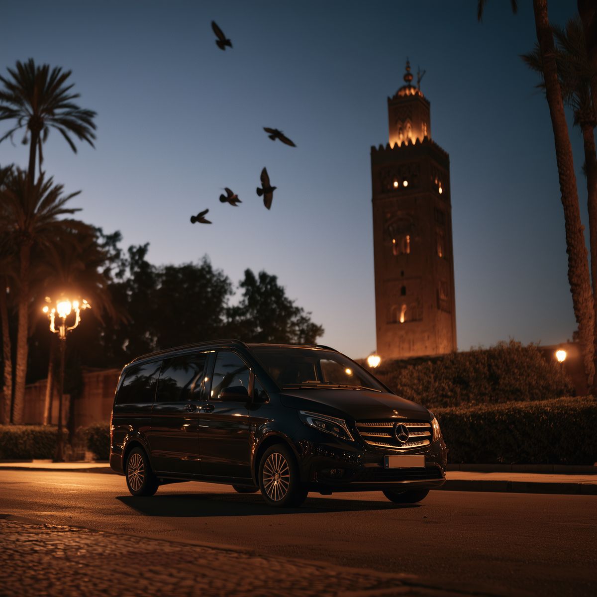 Darbye Rides vehicle beside the Koutoubia Mosque at dusk, Marrakech